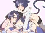  1boy 1girl alternate_costume animal_ears black_ribbon blue_hair blush breasts cat_boy cat_ears cat_tail english_commentary frills garter_straps genshin_impact hair_between_eyes hair_ribbon hetero hugging_object long_sleeves lying mona_(genshin_impact) nipples on_stomach open_mouth pillow pillow_hug purple_eyes purple_hair rabbit_ears rabbit_girl ribbon rolling_eyes scaramouche_(genshin_impact) second-party_source sex sex_from_behind small_breasts tail thighhighs twitter_username wai1010 