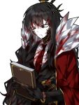  1girl black_gloves black_hair black_jacket blood blood_from_mouth blood_in_hair blood_on_clothes blood_on_face book coat coat_on_shoulders collared_shirt commentary dragon_horns fur-trimmed_coat fur_trim gloves gold_trim hair_bun highres holding holding_book horns jacket library_of_ruina long_hair long_sleeves n_(wykh4laaxa7w1kk) necktie project_moon red_coat red_eyes red_necktie scales shirt sidelocks simple_background solo tie_clip very_long_hair white_background white_shirt xiao_(library_of_ruina) 
