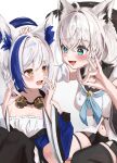  2girls absurdres ahoge animal_ear_fluff animal_ears aomiya_yozuri black_shorts black_thighhighs blue_hair blue_neckerchief blush braid cat_ears cat_girl cat_tail commentary_request detached_sleeves earrings fang fox_ears fox_girl fox_shadow_puppet fox_tail goggles goggles_around_neck green_eyes hair_between_eyes hand_on_another&#039;s_head highres hololive hood hoodie jewelry long_hair looking_at_another midriff multicolored_hair multiple_girls navel neckerchief open_mouth shirakami_fubuki short_shorts shorts sidelocks simple_background single_braid single_thighhigh siyara_amau streaked_hair swept_bangs tail thigh_strap thighhighs vee_(vtuber) virtual_youtuber white_background white_hair white_hoodie yellow_eyes 