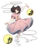  1girl animal_ears black_hair blush carrot_necklace closed_mouth dress frilled_dress frilled_sleeves frills full_body hair_between_eyes inaba_tewi jewelry necklace nyong_nyong pink_dress rabbit_ears rabbit_tail red_eyes short_hair short_sleeves smile socks solo tail touhou transparent_background white_socks 