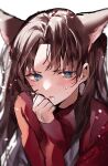  1girl animal_ears blue_eyes blush brown_hair cat_ears closed_mouth fate/stay_night fate_(series) hand_to_head highres long_hair long_sleeves looking_at_viewer red_shirt shimatori_(sanyyyy) shirt simple_background sweat tohsaka_rin twintails white_background 