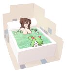  2girls :3 ass bathtub blush breasts brown_hair closed_eyes completely_nude double_bun egg green_hair hair_bun hair_over_one_eye highres kirlia large_breasts liveactors multiple_girls nude partially_submerged pokemon pokemon_(creature) pokemon_(game) pokemon_bw2 pokemon_egg relaxing rosa_(pokemon) shared_bathing smile twintails 
