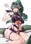  1girl absurdres arknights bikini black_bikini breasts crocodilian_tail darling0221 feet_out_of_frame gavial_(arknights) green_eyes green_hair heart highres holding large_breasts looking_at_viewer open_mouth pointy_ears simple_background sitting solo spoken_heart swimsuit tail teeth thigh_strap thighs tongue underboob upper_teeth_only white_background 