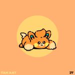  animal_focus brown_eyes circular_border commentary dotted_line full_body highres james_turner no_humans pawmi pokemon pokemon_(creature) signature smile solo yellow_background 