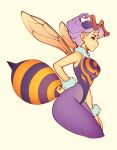  1girl antennae arthropod_girl artist_name bee bee_girl blue_eyes breasts bug capcom closed_mouth from_side fur_collar fur_trim highleg highleg_leotard highres impossible_clothes insect_wings large_breasts leotard monster_girl oxcoxa pantyhose profile purple_hair purple_pantyhose q-bee short_hair simple_background smile solo stinger vampire_(game) wide_hips wings yellow_background 