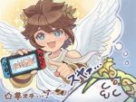  1boy 1girl :3 angel angel_wings armband blue_background blue_eyes brown_hair dreaming feathered_wings forehead_jewel handheld_game_console holding holding_handheld_game_console kid_icarus kid_icarus_uprising laurel_crown looking_at_viewer nintendo_switch open_mouth palutena pit_(kid_icarus) smile sparkle suruga_kanade white_wings wings 