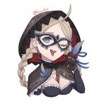  1girl braid breasts commission commissioner_upload crystal_earrings earrings eye_mask fire_emblem fire_emblem_fates fire_emblem_heroes grey_hair highres holding holding_quill hood hood_up jewelry lesu low_twin_braids medium_breasts nina_(fire_emblem) nina_(thief)_(fire_emblem) official_alternate_costume open_mouth quill solo teeth thief tongue tongue_out twin_braids upper_body upper_teeth_only 