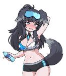  1girl adapted_costume animal_ears arm_up armpits bare_shoulders black_buruma black_hair blue_archive blush bottle breasts buruma crop_top dog_ears dog_girl dog_tail eyewear_on_head grey_eyes gym_uniform halo hibiki_(blue_archive) hibiki_(cheer_squad)_(blue_archive) highres holding holding_bottle ink_(inksgirls) long_hair looking_at_viewer millennium_cheerleader_outfit_(blue_archive) navel nose_blush official_alternate_costume solo sweat tail water_bottle white_background 