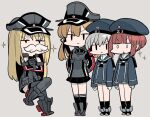  :&lt; arms_behind_back bismarck_(kancolle) black_socks black_thighhighs blonde_hair blue_dress blue_sailor_collar blunt_bangs chibi closed_mouth commentary crossed_arms dress fake_facial_hair fake_mustache grey_background grey_hair hair_ribbon hat kantai_collection kneehighs long_hair long_sleeves military_hat military_uniform monaka_ooji multiple_girls parted_lips peaked_cap pleated_skirt prinz_eugen_(kancolle) ribbon sailor_collar sailor_dress short_dress short_hair simple_background skirt socks sparkle standing thighhighs uniform z1_leberecht_maass_(kancolle) z3_max_schultz_(kancolle) 