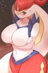  absurd_res anthro big_breasts breasts crossed_arms denyfake featureless_breasts featureless_crotch female gigantamax_cinderace gigantamax_pokemon hi_res huge_breasts looking_at_viewer multicolored_body navel nintendo nude pokemon pokemon_(species) red_eyes solo thick_thighs wide_hips 