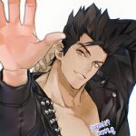  1boy artist_name black_hair black_jacket brown_eyes collarbone dated english_text jacket joe_higashi long_sleeves looking_at_viewer male_focus mmts_g open_clothes open_jacket open_mouth pectorals short_hair smile solo spiked_hair the_king_of_fighters the_king_of_fighters_for_girls 