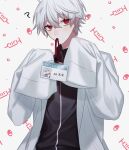  1boy ? black_jacket ear_piercing highres jacket kuzuha_(nijisanji) labcoat long_sleeves looking_at_viewer male_focus nijisanji piercing pointy_ears red_eyes short_hair solo syringe toke78v virtual_youtuber white_background white_hair white_jacket 