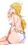  1girl absurdres ahoge ass bare_shoulders barefoot belly_chain bikini blonde_hair blush breasts commentary_request green_eyes highres hoshii_miki idolmaster idolmaster_(classic) jewelry katsu_(kana) large_breasts long_hair looking_at_viewer open_mouth smile solo swimsuit white_bikini 