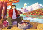  2023 anthro autumn beaver bottomwear clothing cooking digital_media_(artwork) eyewear fire firepit foxinuhhbox glasses grass hi_res lake male mammal mountain nature pants pattern_clothing pattern_topwear plaid plaid_clothing plaid_topwear plant rodent scenery scenery_porn shirt sitting solo topwear tree watermark white_clothing white_shirt white_topwear 