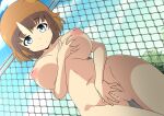  1girl alternate_breast_size ass_visible_through_thighs assault_lily bar_censor blue_eyes blue_sky breasts breasts_apart brown_hair censored chain-link_fence closed_mouth cloud commentary_request completely_nude cowboy_shot day dutch_angle fence from_below futagawa_fumi grabbing_own_breast hand_on_own_crotch hand_up highres inverted_nipples large_breasts long_hair looking_at_viewer looking_down naruse_mai nipples nude outdoors puffy_nipples pussy sky smile solo split_mouth standing thigh_gap 