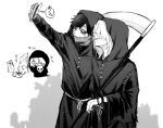  2boys ametaro_(ixxxzu) boku_no_hero_academia burn_scar cheek_piercing chibi chibi_inset cosplay dabi_(boku_no_hero_academia) death_(entity) death_(entity)_(cosplay) greyscale grim_reaper grim_reaper_(cosplay) halloween highres holding holding_phone holding_scythe holding_skull hood hood_up hooded_robe male_focus medium_hair monochrome multiple_boys multiple_scars phone piercing prosthetic_fingers robe scar scar_on_face scar_on_mouth scar_on_neck scythe selfie shigaraki_tomura short_hair simple_background skull spiked_hair stab staple stapled stitches white_background wrinkled_skin 