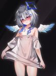  1girl absurdres ahoge amane_kanata amane_kanata_(another_world) angel_wings ass_visible_through_thighs bare_shoulders blue_hair blush breasts colored_inner_hair feathered_wings gradient_wings grey_hair hair_between_eyes hair_ornament hairclip halo heart heart-shaped_pupils highres hololive kana616 long_hair looking_at_viewer multicolored_hair multicolored_wings naked_shirt nipples off_shoulder purple_eyes shirt small_breasts smile solo star_halo symbol-shaped_pupils virtual_youtuber wings 