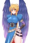 1girl blonde_hair breasts breath_of_fire breath_of_fire_ii bridal_gauntlets closed_mouth cowboy_shot dress feathered_wings green_eyes highres long_hair looking_at_viewer nina_(breath_of_fire_ii) purple_wings side_slit simple_background smile solo white_background wings yakisobapan_tarou_&amp;_negitoro-ko 