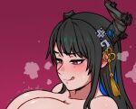  1girl akairiot black_hair blue_hair blush breasts cleavage closed_mouth colored_inner_hair commentary ear_blush english_commentary hair_ornament hololive hololive_english horns huge_breasts implied_paizuri licking_lips looking_down mole mole_under_eye multicolored_hair nerissa_ravencroft nude out-of-frame_censoring paid_reward_available pink_eyes simple_background slit_pupils solo steaming_body tassel tassel_hair_ornament tongue tongue_out two-tone_hair upper_body virtual_youtuber 