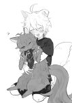  1boy absurdres aether_(genshin_impact) ahoge animal animal_ears animalization antennae ascot blush cat closed_eyes closed_mouth commentary_request diluc_(genshin_impact) dog_boy dog_ears dog_tail genshin_impact greyscale highres hug hug_from_behind monochrome one_eye_closed open_mouth simple_background solo tabibitowayo tail white_background 