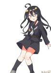  1girl absurdres black_hair black_sailor_collar black_serafuku black_shirt black_skirt crescent crescent_pin feet_out_of_frame hair_between_eyes highres kantai_collection long_hair looking_at_viewer mikazuki_(kancolle) neckerchief one-hour_drawing_challenge robinson_(day_l_full) sailor_collar school_uniform serafuku shirt simple_background skirt solo standing twitter_username white_background white_neckerchief yellow_eyes 