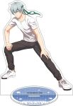  1boy fingernails full_body glasses grey_hair hair_between_eyes hands_on_own_knees hazama_michio idolmaster idolmaster_side-m male_focus official_art pants shirt shoelaces shoes short_sleeves sneakers solo t-shirt 