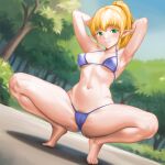  1girl armpits arms_behind_head arms_up bare_legs bare_shoulders barefoot blonde_hair blonde_pubic_hair blue_sky breasts cameltoe cleavage closed_mouth day elf full_body furrowed_brow green_eyes highres looking_at_viewer medium_breasts midriff minamoto80486 navel original outdoors pointy_ears ponytail presenting_armpit pubic_hair pubic_hair_peek shadow short_hair sky smile solo spread_legs squatting thighs tiptoes toenails tree underboob 