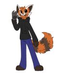  ailurid alyx_(not_odessa) anthro bottomwear brown_eyes clothing cybernetic_limb eyebrows fur hair hoodie male mammal orange_body orange_fur pegacousin red_panda smile solo teeth topwear 