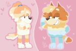  &lt;3 anthro bluey_(series) canid canine crossed_arms duo eyebrows female frisky_(bluey) full-length_portrait hi_res lineless male male/female mammal mikifluffs no_lineart pink_background portrait radley_heeler raised_eyebrow simple_background 