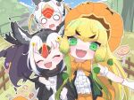  3girls atlantic_puffin_(kemono_friends) bare_shoulders bird_girl bird_wings black_hair black_jacket black_scarf blonde_hair blush bow bowtie candy center_frills closed_eyes fangs food frills gloves green_eyes green_hair green_vest hair_between_eyes hat head_wings jack-o&#039;-lantern_(kemono_friends) jacket kemono_friends kemono_friends_3 long_hair long_sleeves multicolored_hair multiple_girls open_clothes open_jacket open_mouth open_vest orange_bow orange_bowtie pumpkin_hat pumpkin_shorts red_hair sarutori scarf shirt short_hair sidelocks smile sweater tufted_puffin_(kemono_friends) vest white_gloves white_hair white_shirt white_sweater wings witch_hat 
