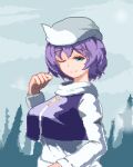  1girl ;) aqua_eyes breasts closed_mouth commentary grey_sky large_breasts letty_whiterock long_sleeves looking_at_viewer nukekip one_eye_closed outdoors pixel_art polearm purple_hair scarf short_hair sky smile solo touhou trident upper_body weapon white_headwear white_scarf 