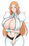  alternate_breast_size alternate_costume artist_request bad_source bleach bleach:_the_thousand-year_blood_war blush breasts cleavage cleavage_cutout clothing_cutout collared_shirt detached_sleeves hair_ornament highres huge_breasts inoue_orihime large_breasts long_hair midriff official_alternate_costume orange_hair patreon_username shirt smile zettonsfw 