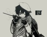  aiguillette character_name cigarette cloak closed_eyes commentary_request eyepatch gloves greyscale hat holding holding_cigarette kantai_collection kiso_(kancolle) machinery monochrome nib_pen_(medium) sailor_hat satou_ikken smile smoke smoking teeth traditional_media upper_body 