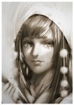  1girl blunt_bangs border closed_mouth commentary_request crying dated eyelashes greenteaa hand_up hood hood_up long_hair looking_at_viewer monochrome original signature sketch smile solo tears upper_body white_border 