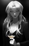  1girl alcohol aqua_eyes black_bra black_jacket black_nails bra breasts bucket_mang cleavage cocktail_glass collarbone commentary cup dark_background drinking_glass earrings formal greyscale hair_intakes hair_over_shoulder highres holding holding_cup jacket jewelry korean_commentary lapels long_hair looking_at_viewer medium_breasts meitantei_conan monochrome nail_polish notched_lapels solo spot_color stud_earrings underwear upper_body vermouth_(meitantei_conan) 