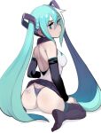  1girl absurdres aqua_eyes aqua_hair ass back backless_outfit bandaid bandaid_on_ass bare_back bare_shoulders black_skirt black_sleeves breasts closed_mouth detached_sleeves hair_between_eyes hair_ornament hatsune_miku highres long_hair looking_at_viewer looking_back medium_breasts over-kneehighs pleated_skirt sho-n-d simple_background sitting skirt socks solo thighhighs thong twintails very_long_hair vocaloid wariza white_background 
