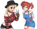  2girls a_nightmare_on_elm_street absurdres bare_shoulders black_choker blonde_hair blue_eyes bow breasts bright_pupils brown_eyes brown_hair child&#039;s_play choker chucky cleavage dashi_(dashiart) freddy_krueger genderswap genderswap_(mtf) grin hair_bow hat highres holding holding_knife knife medium_breasts micro_shorts multiple_girls one_eye_closed open_mouth overalls ponytail red_bow shirt shorts simple_background small_breasts smile torn_clothes twintails white_background white_pupils 