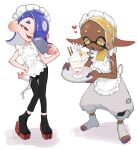  2girls apron asymmetrical_hair baggy_pants black_pants black_socks blonde_hair blue_hair colored_skin colored_tongue commentary cross-shaped_pupils dark-skinned_male dark_skin earrings eyelashes fang food forehead frilled_apron frills frye_(splatoon) gradient_hair grey_pants grey_socks hair_over_one_eye hand_on_own_hip hands_up heart highres holding holding_menu holding_tray jewelry long_hair maid_apron maid_headdress menu multicolored_hair multicolored_skin multiple_earrings multiple_girls okobo one_eye_covered open_mouth pants parfait parted_bangs pointy_ears purple_hair purple_skin purple_tongue red_eyes sandals shirt shiver_(splatoon) short_eyebrows simple_background sleeveless sleeveless_shirt sleeveless_turtleneck smile socks splatoon_(series) splatoon_3 suction_cups symbol-only_commentary symbol-shaped_pupils tabi teeth tentacle_hair toeless_legwear toes tooth_earrings torn_clothes torn_pants tray tsurime turtleneck utsuho_no_tami wafer_stick whipped_cream white_apron white_background white_hair yellow_eyes yellow_shirt 