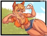  5_fingers abs absurd_res alternate_species applejack_(mlp) ashsux biceps big_breasts blonde_hair bodily_fluids bottle bottomwear breasts clothed clothing cloud container cutie_mark cutoffs denim denim_clothing digital_media_(artwork) eyelashes female fingers freckles freckles_on_breasts freckles_on_face freckles_on_thighs friendship_is_magic grass green_eyes hair hasbro hi_res holding_container holding_object human humanized humanoid looking_at_viewer lying mammal midriff milk_container muscular muscular_thighs my_little_pony navel on_side one_eye_closed open_mouth open_smile orange_body orange_clothing orange_shirt orange_skin orange_thong orange_topwear orange_underwear outside plant ponytail shirt shorts sky smile smiling_at_viewer solo sweat teeth thick_thighs thong thong_straps topwear underwear wink winking_at_viewer 