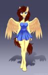 2021 5_fingers anthro blue_clothing blue_dress blue_eyes breasts brown_hair brown_tail choker clothing digital_media_(artwork) dress equid equine fan_character feathered_wings feathers female fingers hair hasbro hi_res humanoid_hands jewelry mammal my_little_pony necklace pegasus scarlet-spectrum shadow smile solo standing tail unguligrade wings 