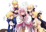  1boy 4girls ahoge artoria_pendragon_(fate) artoria_pendragon_(lancer)_(fate) black_dress black_ribbon blonde_hair blue_dress blue_ribbon blush braid cape crossed_arms crown dress fate/grand_order fate_(series) fur-trimmed_cape fur_trim hair_ribbon heeparang hood hood_up juliet_sleeves korean_text light_blush long_hair long_sleeves looking_at_another merlin_(fate) multiple_girls nervous_sweating off-shoulder_dress off_shoulder parted_lips pink_hair ponytail puffy_sleeves purple_eyes ribbon robe saber saber_alter saber_lily sidelocks simple_background sweat white_background white_robe yellow_dress yellow_eyes 