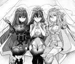  3girls absurdres alear_(female)_(divine_attire) alear_(female)_(fire_emblem) alear_(fire_emblem) bow braid breasts cleavage_cutout clothing_cutout crossed_bangs crown_braid emblem_alear_(female) expressionless fire_emblem fire_emblem_engage greyscale heterochromia highres illust_mi long_hair looking_at_viewer medium_breasts monochrome multicolored_hair multiple_girls multiple_persona official_alternate_costume official_alternate_hair_color official_alternate_hairstyle past_alear_(female) puffy_sleeves romper shorts skirt sleeves_rolled_up smile split-color_hair spoilers tiara time_paradox two-tone_hair very_long_hair 