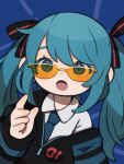  1girl :o alternate_costume black_jacket black_ribbon blue_background blue_eyes blue_hair collared_shirt commentary dutch_angle english_commentary glasses hair_ribbon hand_up hatsune_miku highres jacket long_hair long_sleeves looking_at_viewer off_shoulder open_mouth orange-tinted_eyewear partially_unzipped red_ribbon ribbon shirt signature solo tinted_eyewear twintails two-tone_ribbon upper_body vocaloid white_shirt yukino_super 