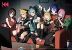 2boys 4girls blonde_hair blue_eyes blue_hair breasts brown_hair controller couch detached_sleeves food full_body happy hatsune_miku highres juice kagamine_len kagamine_rin kaito_(vocaloid) long_hair looking_to_the_side megurine_luka meiko_(vocaloid) multiple_boys multiple_girls on_couch open_mouth picture_frame pink_hair plant popcorn potted_plant remote_control short_hair sitting sleeveless television tree twintails vocaloid watch yukihira_makoto 