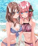  2girls bare_shoulders bikini black_ribbon blue_eyes blush breasts brown_hair cleavage collarbone eyes_visible_through_hair floral_print front-tie_bikini_top front-tie_top go-toubun_no_hanayome hair_over_one_eye hair_ribbon highres long_hair multiple_girls nakano_miku nakano_nino navel ocean open_mouth partially_submerged pink_bikini pink_hair piyopoyo purple_bikini ribbon siblings sisters starfish striped striped_bikini swimsuit vertical-striped_bikini vertical_stripes wet wet_clothes wet_hair wet_swimsuit 