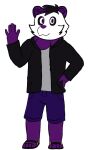  anthro bear bottomwear clothing footwear fur giant_panda hair hair_dye jacket male mammal panfluff_(xpanda6) purple_body purple_eyes purple_fur sandals shorts solo topwear xpanda6 