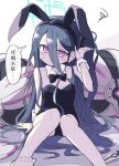  &lt;key&gt;_(blue_archive) 1girl absurdres animal_ears bare_legs bare_shoulders black_bow black_bowtie black_hairband black_leotard blue_archive bow bowtie breasts collar detached_collar fake_animal_ears feet_out_of_frame guriin hairband halo hand_up highres knees_up leotard playboy_bunny rabbit_ears sitting small_breasts soles solo squiggle strapless strapless_leotard white_background white_collar wing_collar wrist_cuffs 