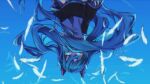  1girl aqua_eyes aqua_hair bare_shoulders blue_eyes blue_hair blue_nails blue_sky bye_bye_baby_sayonara_(vocaloid) covering_mouth detached_sleeves falling feathers floating_hair giriko_choco glowing glowing_eyes hair_ornament hatsune_miku highres long_hair looking_at_viewer necktie shirt skirt sky smile solo thighhighs twintails upside-down very_long_hair vocaloid 