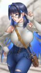  1girl bag bare_shoulders black-framed_eyewear blue_eyes blue_hair blunt_bangs breasts colored_inner_hair cowboy_shot denim glasses hair_intakes handbag highres hololive hololive_english jeans large_breasts long_hair long_sleeves multicolored_hair official_alternate_costume ouro_kronii ouro_kronii_(3rd_costume) pants skylock solo torn_clothes virtual_youtuber 
