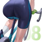  1girl ass ass_focus bicycle bike_shorts blue_archive blue_shorts english_commentary from_behind gloves green_gloves highres hip_focus khoaphan96 lower_body shiroko_(blue_archive) shiroko_(cycling)_(blue_archive) shoes shorts sitting skin_tight sneakers socks solo sweat thighs white_socks 